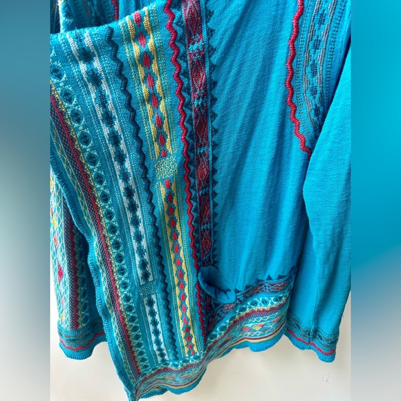 Johnny Was BIYA Embroidered Turquoise Open Front Cardigan Jacket Pockets Belt M - Picture 4 of 9
